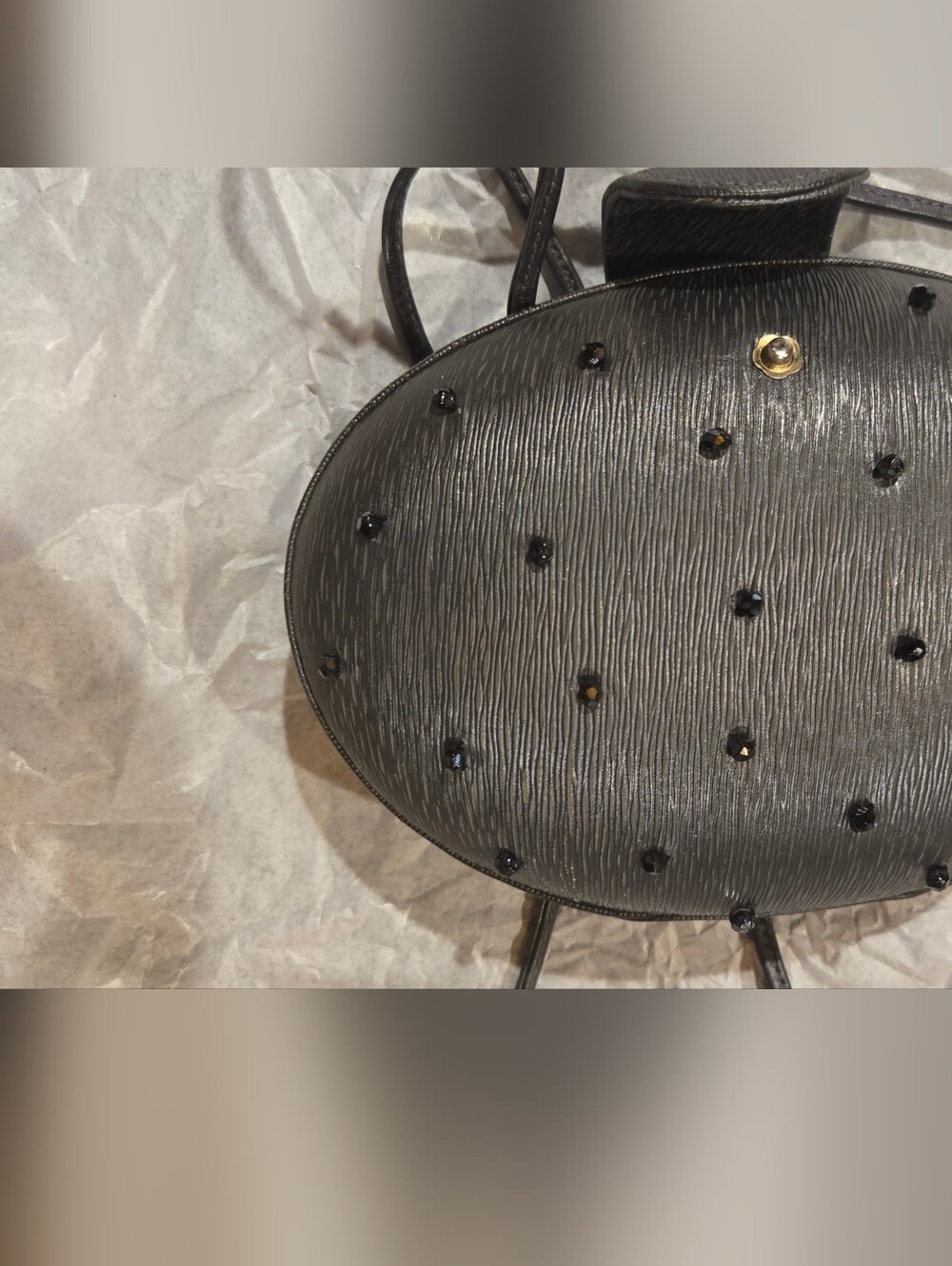 0Black Textured Oval Evening Bag With Stud Accents- Vintage